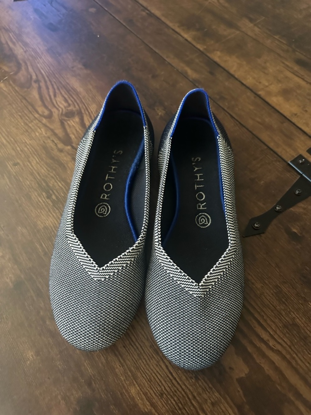 Rothy's Navy and White Herringbone Slip-On Flats